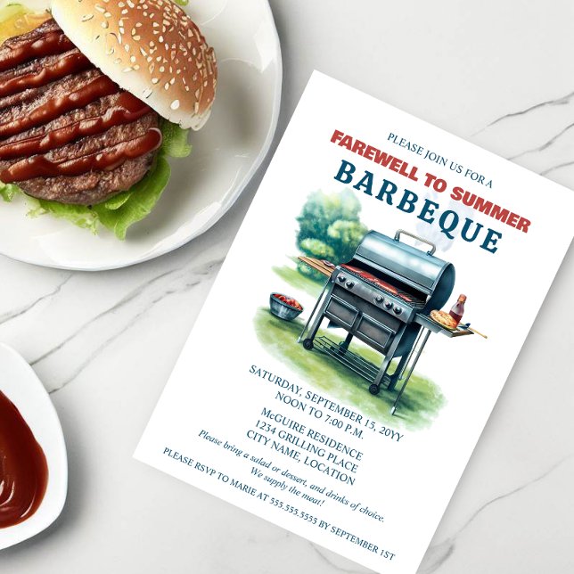 Abschied vom Party der sommerlichen GRILLEN Einladung (BBQ party invitation with watercolor BBQ in the backyard.  An elegant invitation to celebrate summer)