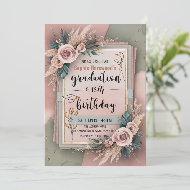 Abschluss 18. Geburtstag Boho Soft Pastel Blume Einladung (Stehend Vorderseite)