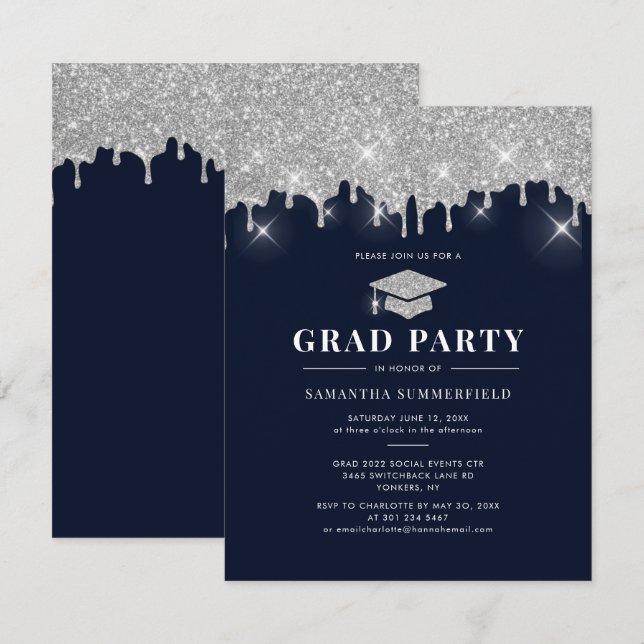 Abschluss 2022 Glitzer Silver Sparkle Grad Party Einladung (Vorne/Hinten)