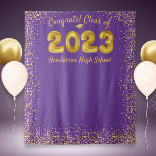Abschluss 2023 Goldener Ballon Lila Foto Hintergru Wandteppich
