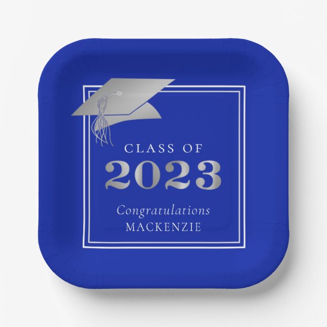 Abschluss 2023 Royal Blue Imitate Silver Pappteller (Vorderseite)