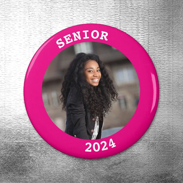 Abschluss 2023 - runder, rosafarbener Foto - Grenz Magnet (Hot Pink Senior Year 2024 Graduation Photo Magnet)