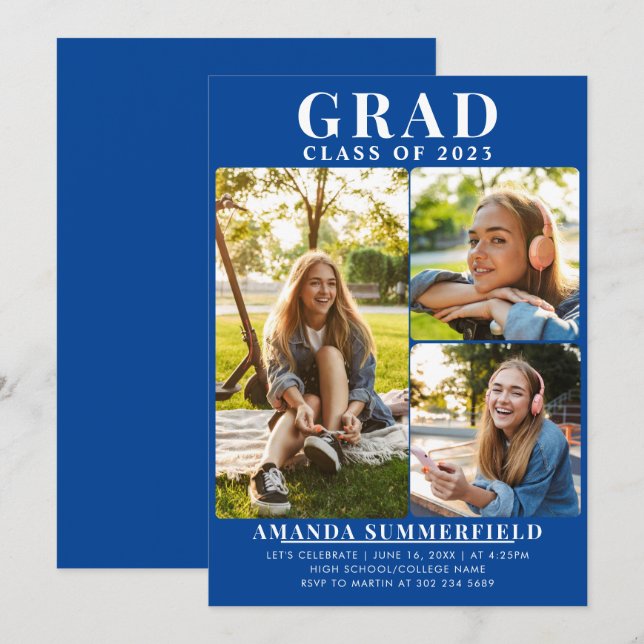 Abschluss 2024 Grad Foto Collage Blue Party Einladung (Vorne/Hinten)