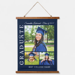 Abschluss 2024 Grad Fotos Navy Blue Keepake Wandteppich Mit Holzrahmen