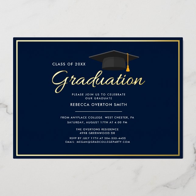 Abschluss 2024 Navy Blue Grad Party Gold Folieneinladung (Vorderseite)