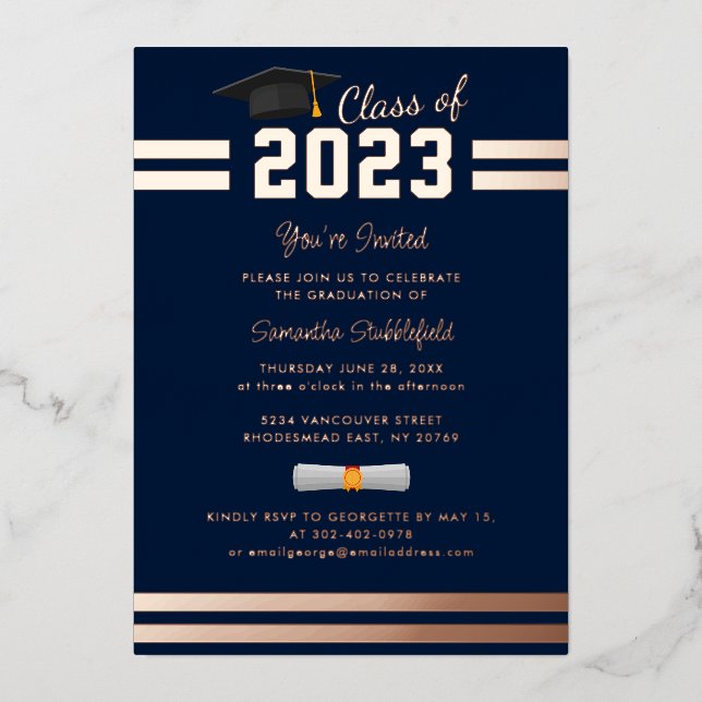 Abschluss 2024 Navy Blue Party Rose Gold Folieneinladung (Vorderseite)