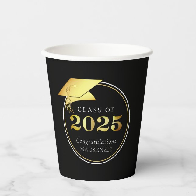 Abschluss 2025 Black Imitats Metallic Gold Pappbecher (Vorderseite)