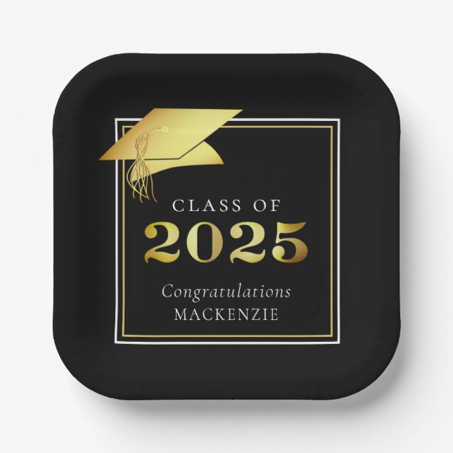 Abschluss 2025 Black Imitats Metallic Gold Pappteller (Vorderseite)