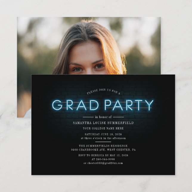 Abschluss 2025 Blue Neon Foto Grad Party Einladung (Vorne/Hinten)