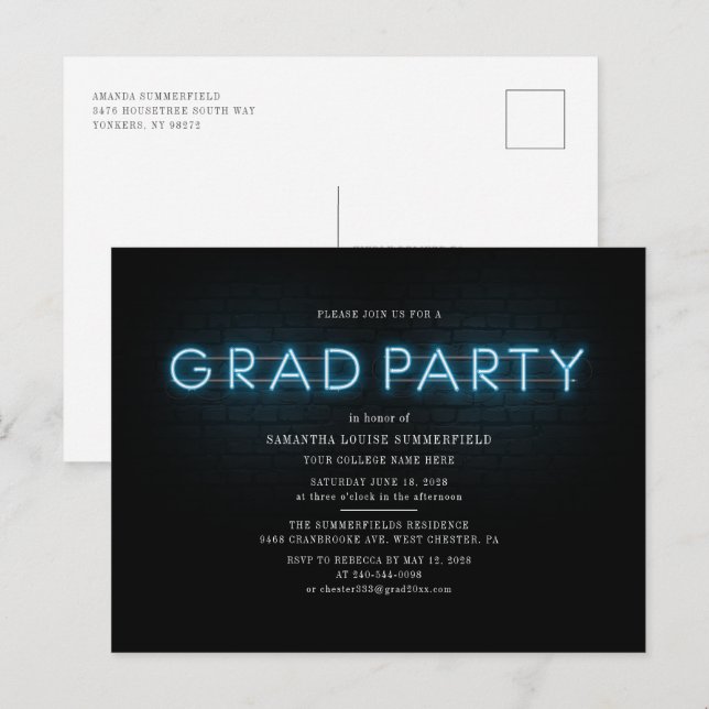 Abschluss 2025 Blue Neon Grad Party Einladungspostkarte (Vorne/Hinten)