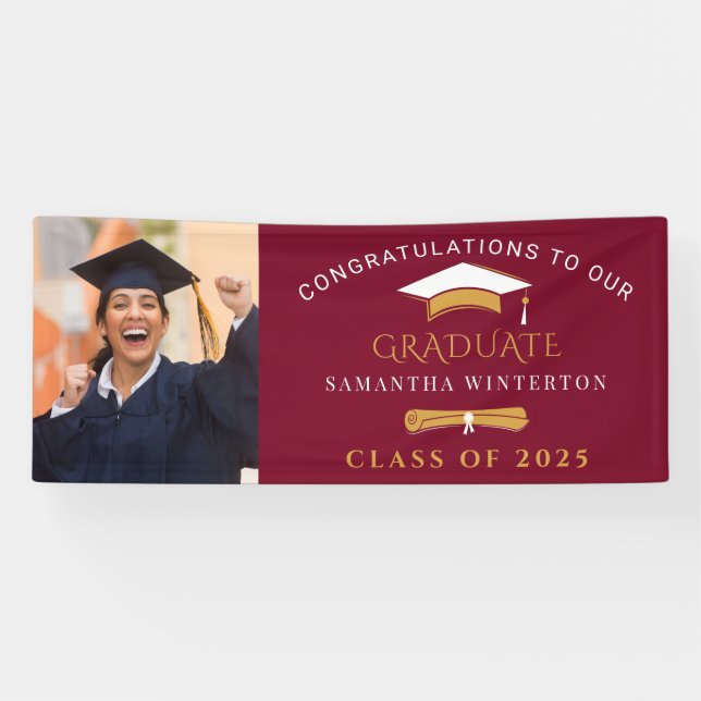Abschluss 2025 Foto Burgund Grad Party Banner (Horizontal)
