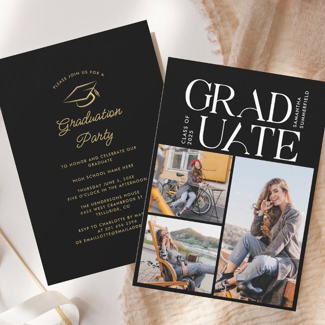 Abschluss 2025 Foto Collage Black Graduate Party Einladung (Graduation 2025 Photo Collage Black Graduate Party Invitation)