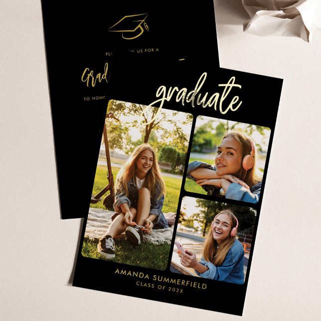 Abschluss 2025 Foto Collage Grad Party Gold Folieneinladung (Graduation Photo Collage 2024 Party Invitation)
