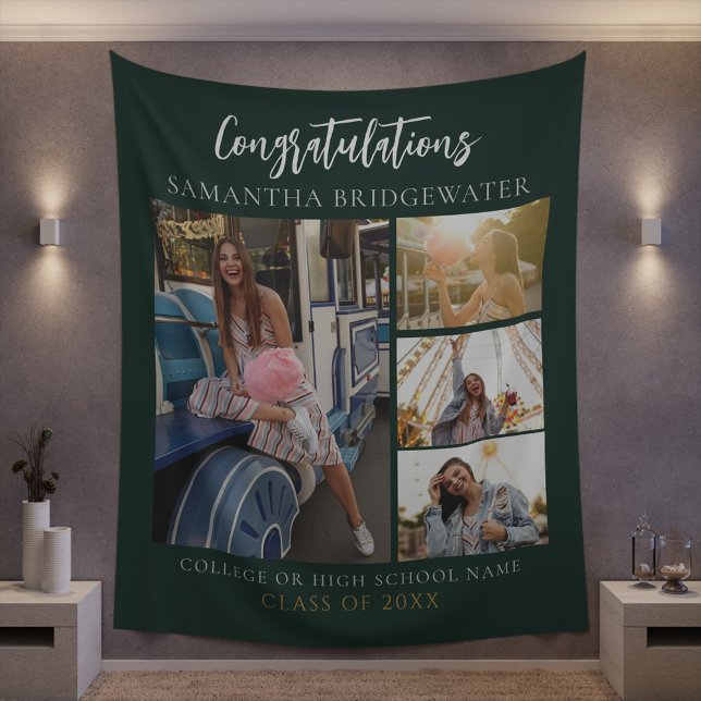 Abschluss 2025 Foto Collage Green Modern Grad Wandteppich (Graduation Party Photo Collage Green Tapestry)
