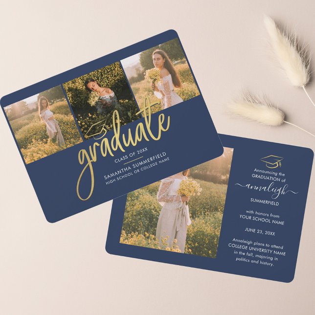 Abschluss 2025 Foto Collage Navy Blue Graduate Ankündigung (Graduation 2024 Photo Collage Script Grad Announcement)