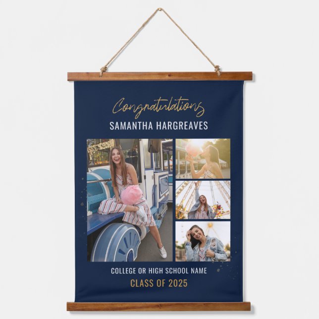 Abschluss 2025 Foto Collage Navy Blue Graduate Wandteppich Mit Holzrahmen (Vorderseite)