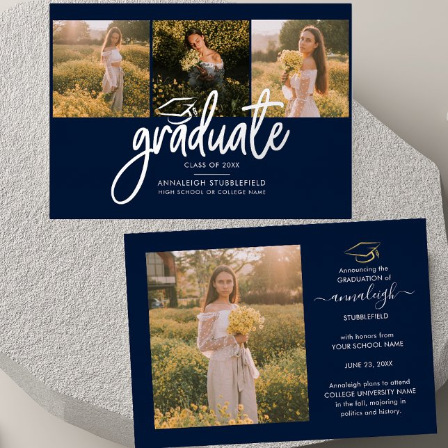 Abschluss 2025 Foto Collage Script Navy Silver Folieneinladung (Graduation 2025 Script Photos Navy Blue Silver Foil Announcement)