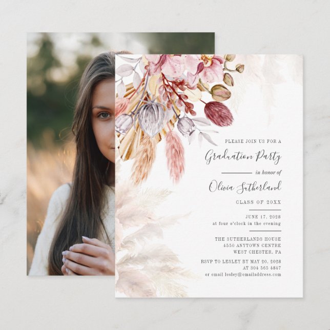 Abschluss 2025 Foto Pampas Grass Graduate Party Einladung (Vorne/Hinten)