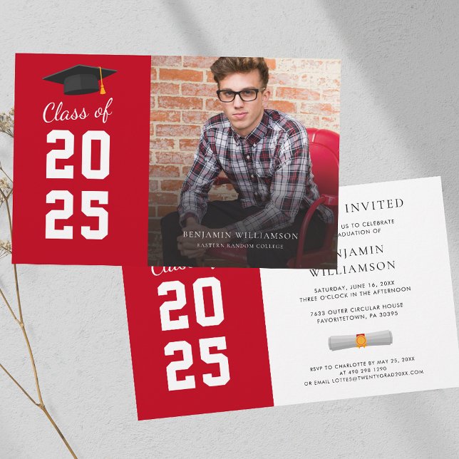 Abschluss 2025 Foto Red White Party Einladung (Graduation 2025 Party Red White Elegant Invitation)