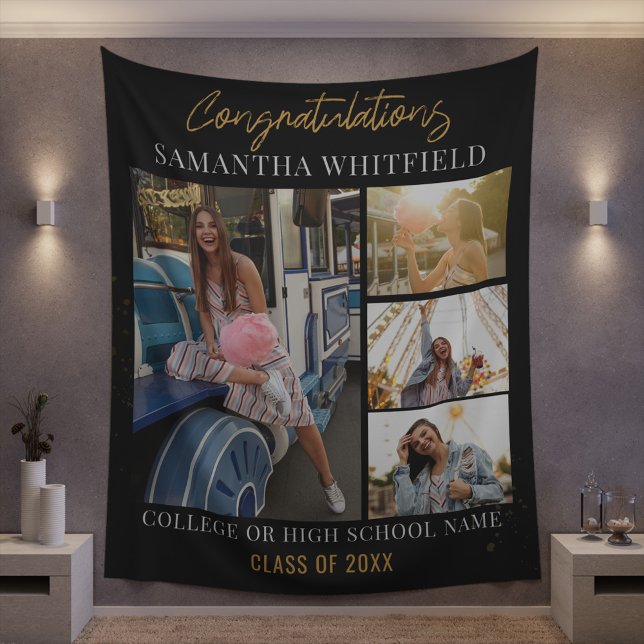 Abschluss 2025 Fotos Schwarzer Hintergrund Fotosho Wandteppich (Graduation Party Photo Collage Black Wall Tapestry)