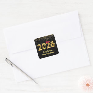 Abschluss 2025 Goldballons und Rote Cap Quadratischer Aufkleber