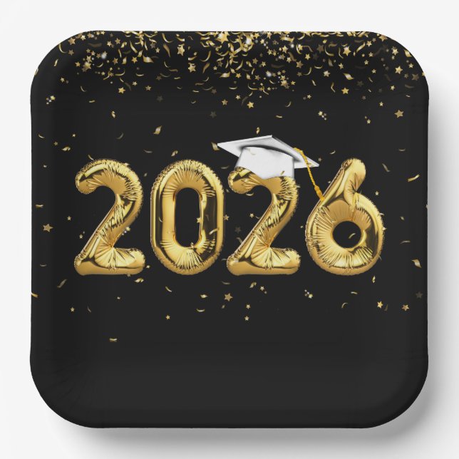 Abschluss 2025 Goldballons und weiße Kappe Pappteller (Vorderseite)