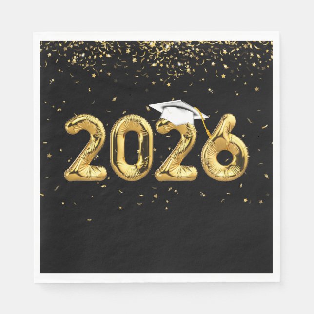 Abschluss 2025 Goldballons und weiße Kappe Serviette (Vorderseite)