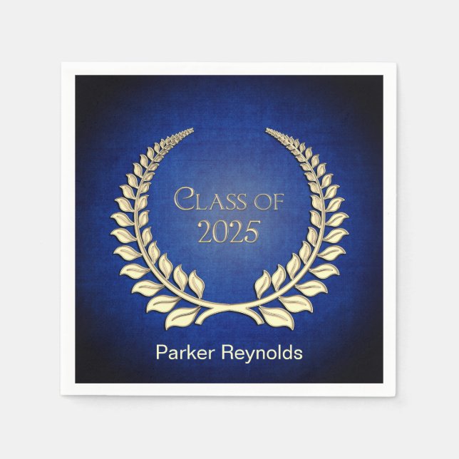 Abschluss 2025 Goldener Laurel auf blau Serviette (Vorderseite)