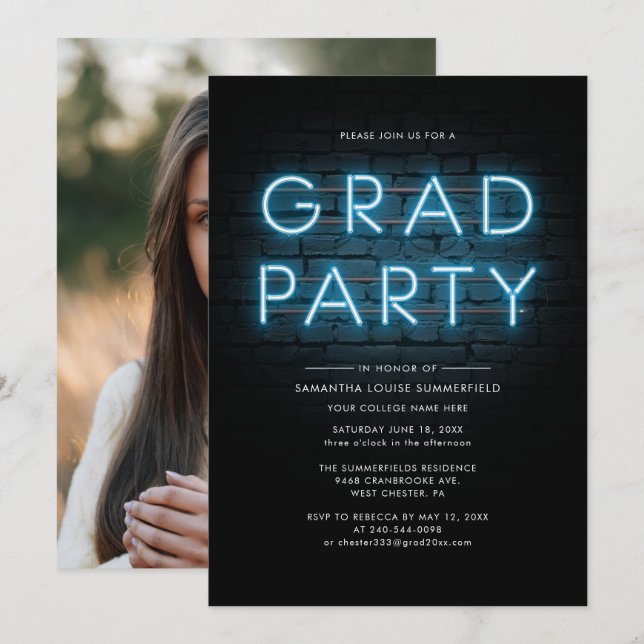 Abschluss 2025 Grad Foto Blue Neon Party Einladung (Vorne/Hinten)