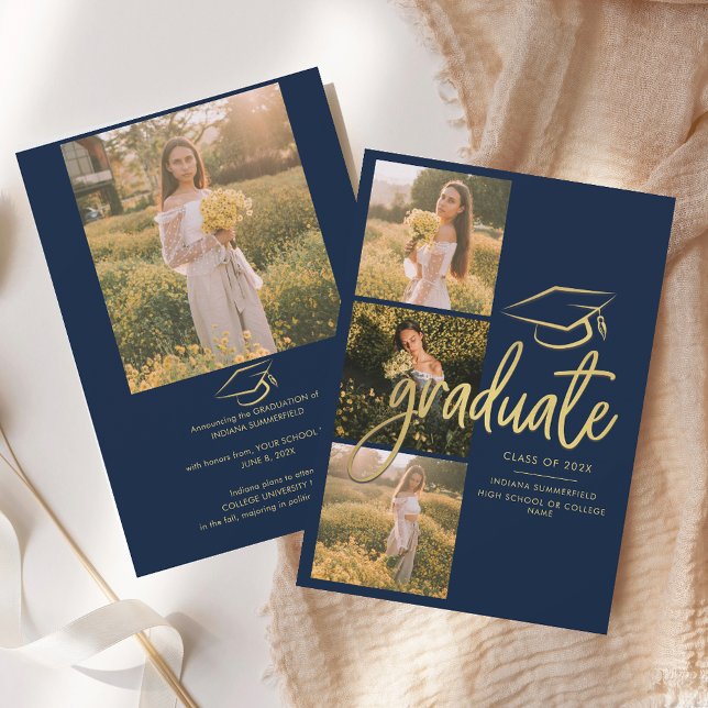 Abschluss 2025 Grad Fotos Navy Blue Script Ankündigung (Graduation 2025 Photos Navy Blue Announcement)