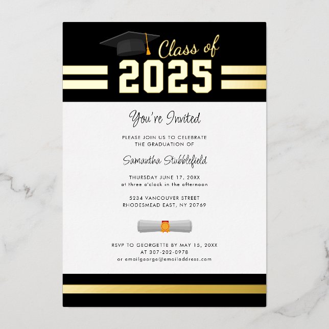 Abschluss 2025 Grad Party Gold Folieneinladung (Vorderseite)