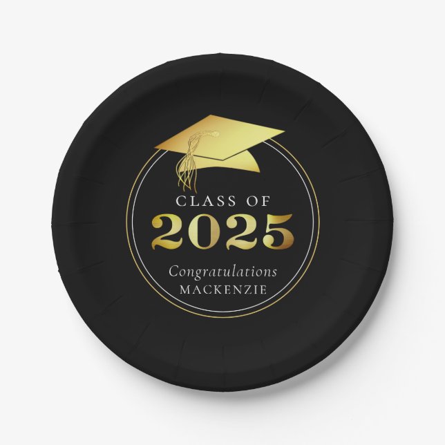 Abschluss 2025 Imitats Metallic Black Gold Pappteller (Vorderseite)