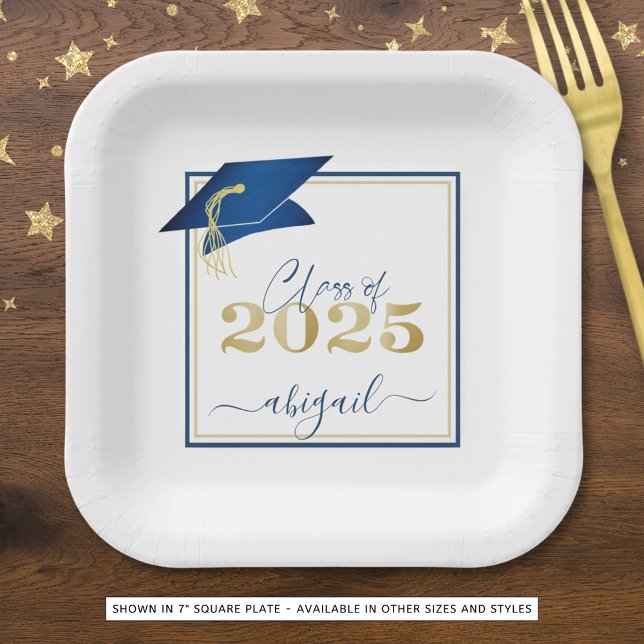 Abschluss 2025 Imitats Metallic Blue Gold Script Pappteller (Von Creator hochgeladen)