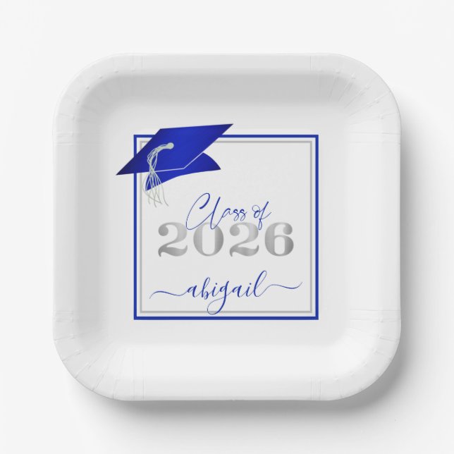 Abschluss 2025 Imitats Metallic Royal Blue Silver Pappteller (Vorderseite)