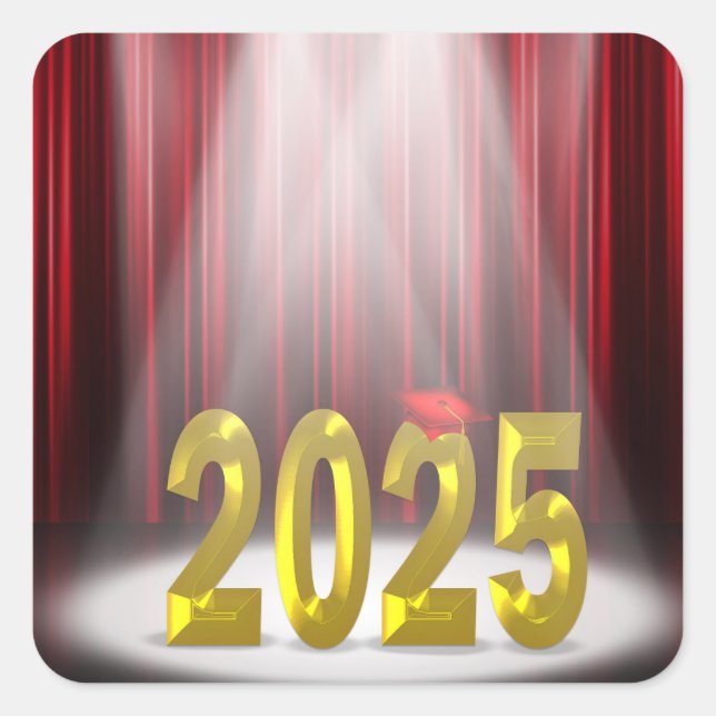 Abschluss 2025 in Spotlight mit roten Vorhängen Quadratischer Aufkleber (Vorderseite)