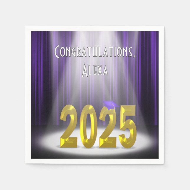 Abschluss 2025 Lila und Gold im Rampenlicht Serviette (Vorderseite)