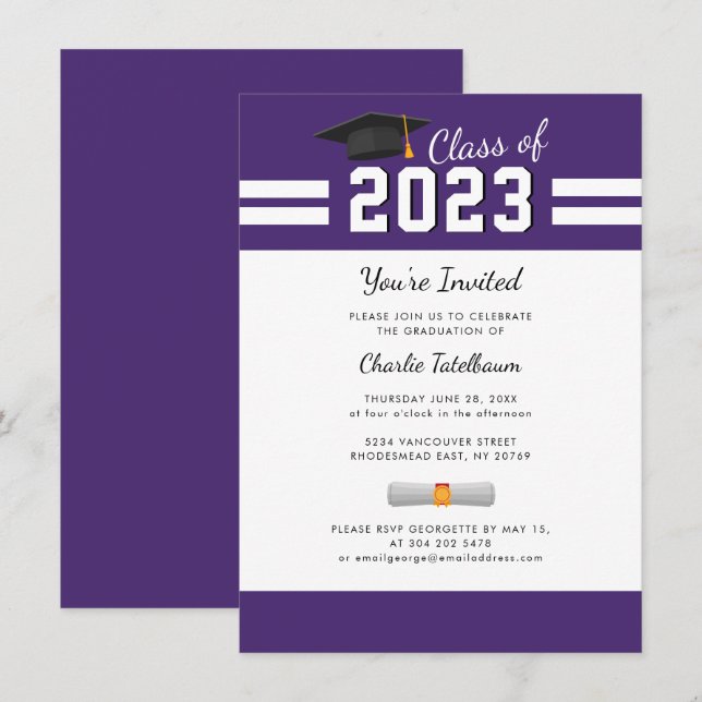 Abschluss 2025 Lila White Graduate Party Einladung (Vorne/Hinten)