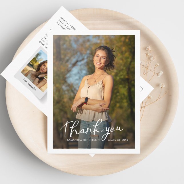 Abschluss 2025 Multi-Foto-Skript Vielen Dank Postkarte (Graduation 2 Photos Grad Thank You Card)