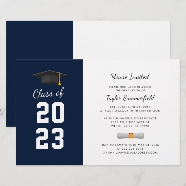 Abschluss 2025 Navy Blue Grad Party Einladung (Vorne/Hinten)