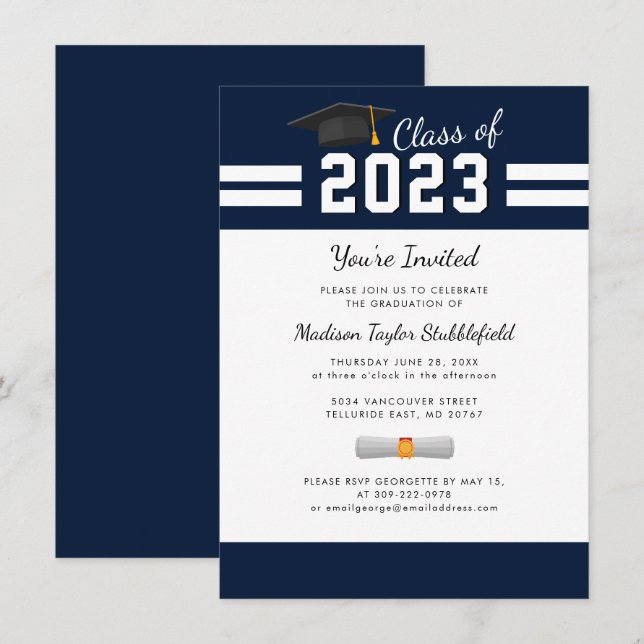 Abschluss 2025 Navy Blue Grad Party Einladung (Vorne/Hinten)