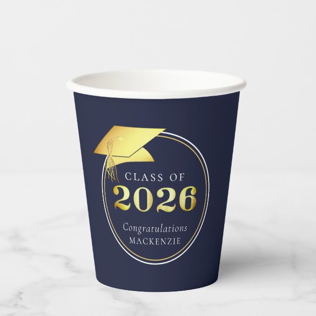 Abschluss 2025 Navy Blue Metallic Gold Pappbecher (Vorderseite)
