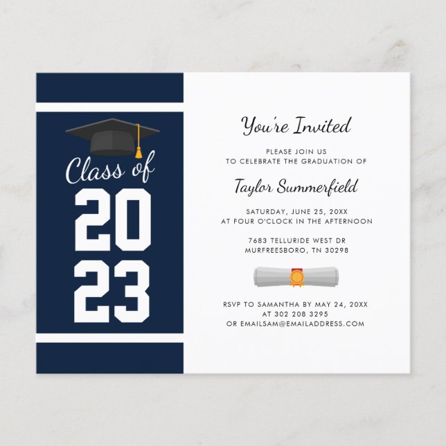 Abschluss 2025 Navy Blue Moderne Party Einladung (Vorderseite)