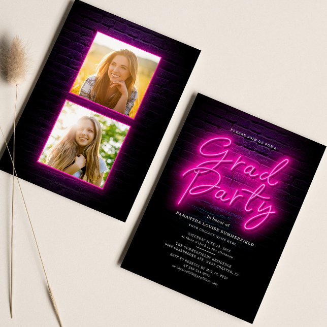 Abschluss 2025 Pink Neon Script 2 Fotos Party Einladung (Graduation 2 Photos 2024 Pink Neon Script Party Invitation)