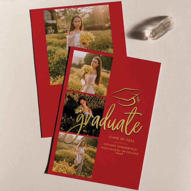 Abschluss 2025 Red Gold Graduate Foto Collage Ankündigung (Graduation Photo Collage Announcement Class of 2024)