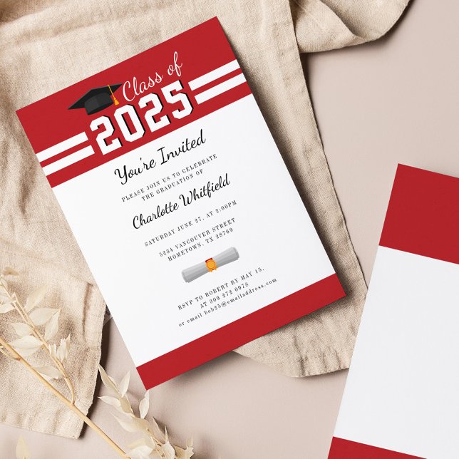 Abschluss 2025 Red White Gard Party Einladung (Graduation 2025 Typography Party Red White Invitation)