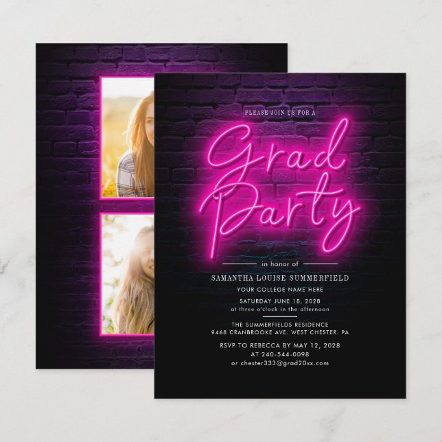 Abschluss 2025 Rosa Neon Script Foto Grad Party Einladung (Vorne/Hinten)