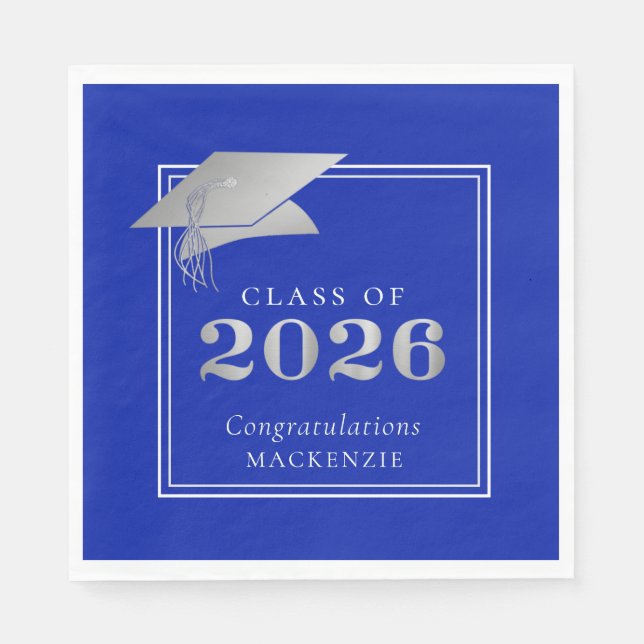 Abschluss 2025 Royal Blue Imitats Silver Serviette (Vorderseite)