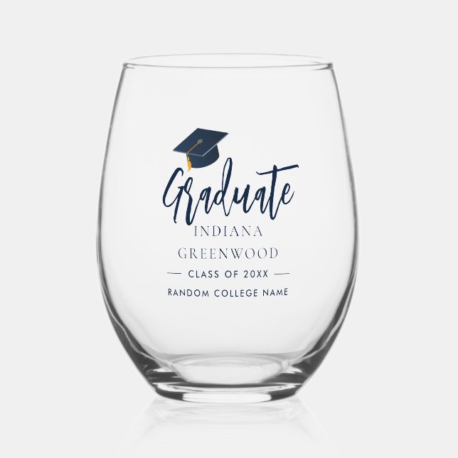Abschluss 2025 Script Navy Blue Personalisiert Weinglas Ohne Stiel (Vorderseite)