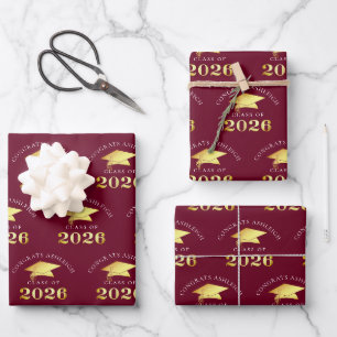 Abschluss 2026 Burgunderrot Gold Herzlichen Glückw Geschenkpapier Set