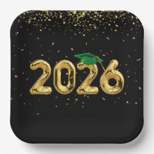 Abschluss 2026 Goldene Ballons und grüne Kappe Pappteller